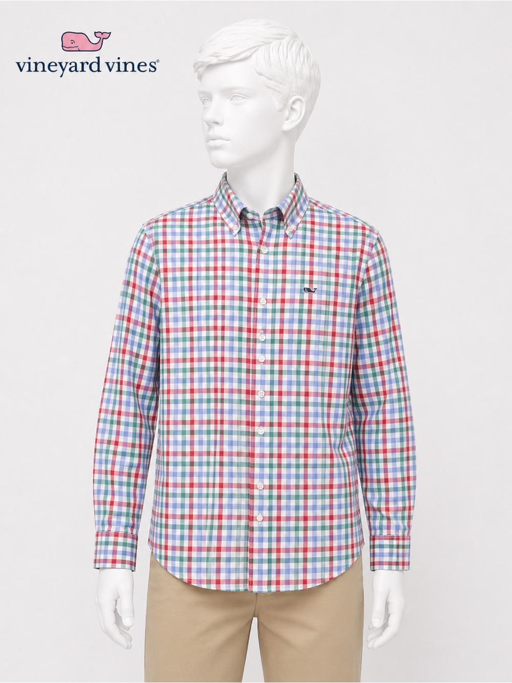 Vineyard Vines Boys Red Green Blue Plaid Button-Down Shirt - Large